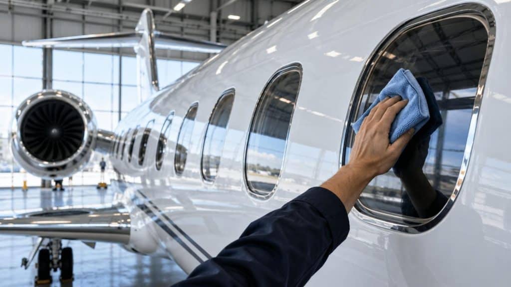 Hand wiping a business jet cabin window with a microfibre cloth in a hangar, aircraft cleaning products