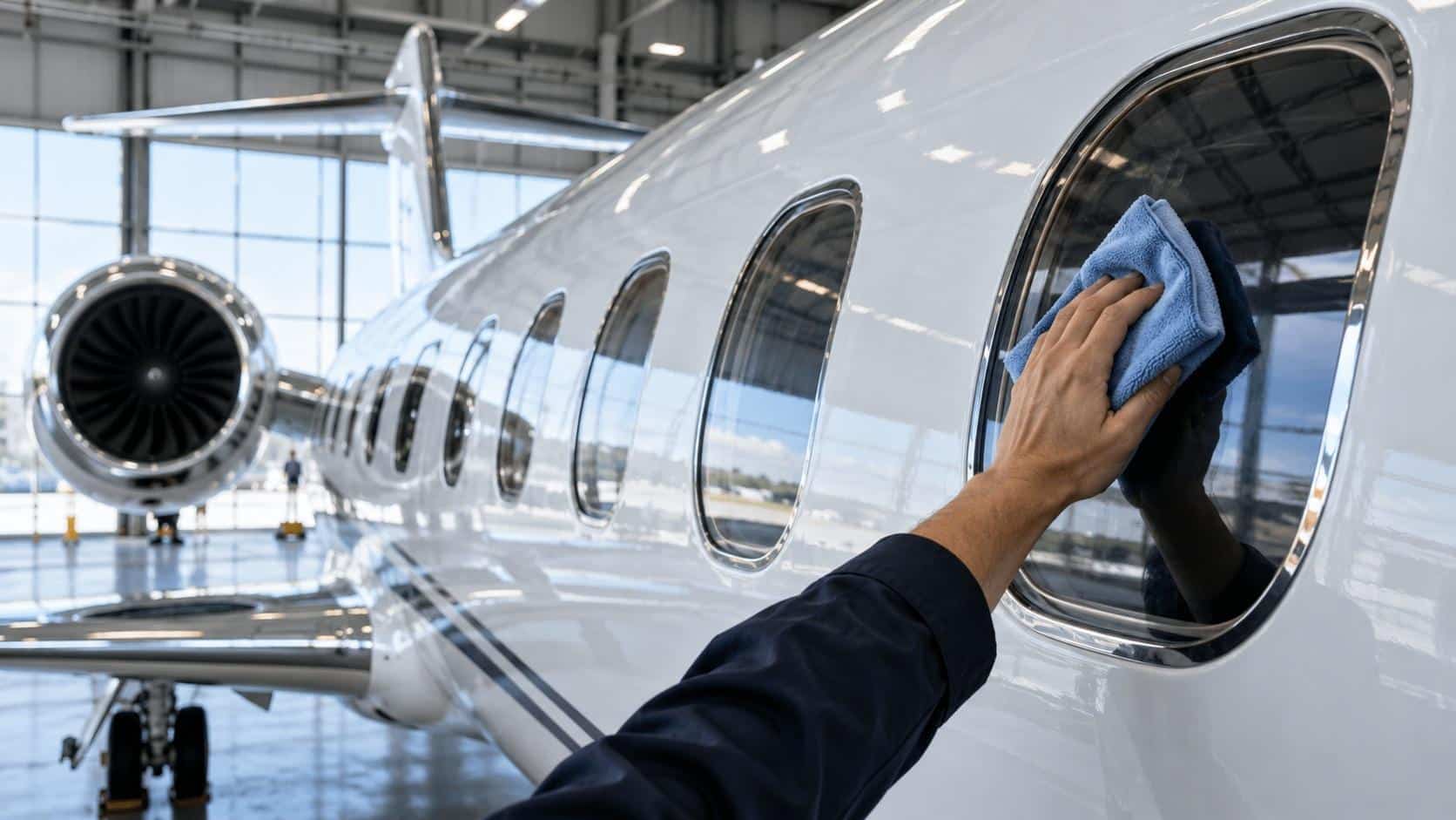 Hand wiping a business jet cabin window with a microfibre cloth in a hangar, aircraft cleaning products